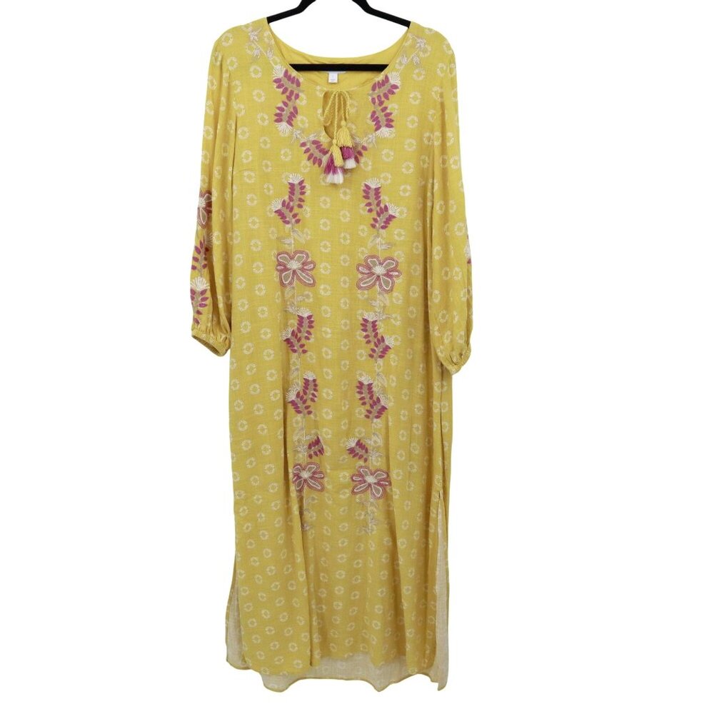 Charter Club Embroidered Dress Womens L Yellow Boho Hippie Bohemian Cottagecore